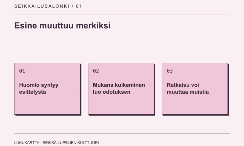 Lukukartta: Esine muuttuu merkiksi. Huomio syntyy esittelystä, Mukana kulkeminen luo odotuksen, Ratkaisu voi muuttaa muistia.