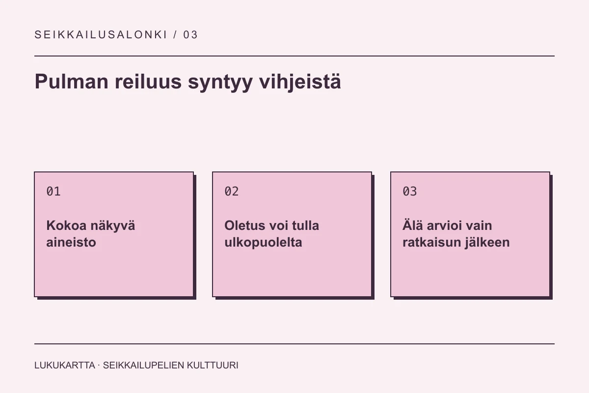 Lukukartta: Pulman reiluus syntyy vihjeistä. Kokoa näkyvä aineisto, Oletus voi tulla ulkopuolelta, Älä arvioi vain ratkaisun jälkeen.