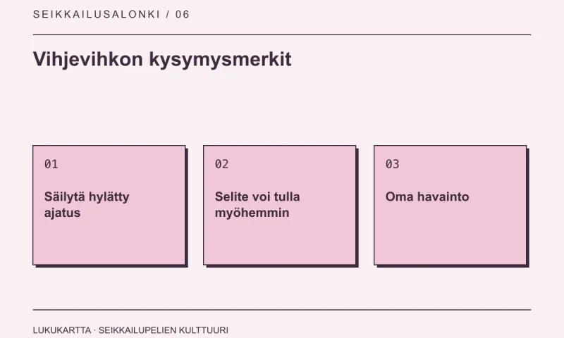 Lukukartta: Vihjevihkon kysymysmerkit. Säilytä hylätty ajatus, Selite voi tulla myöhemmin, Oma havainto.