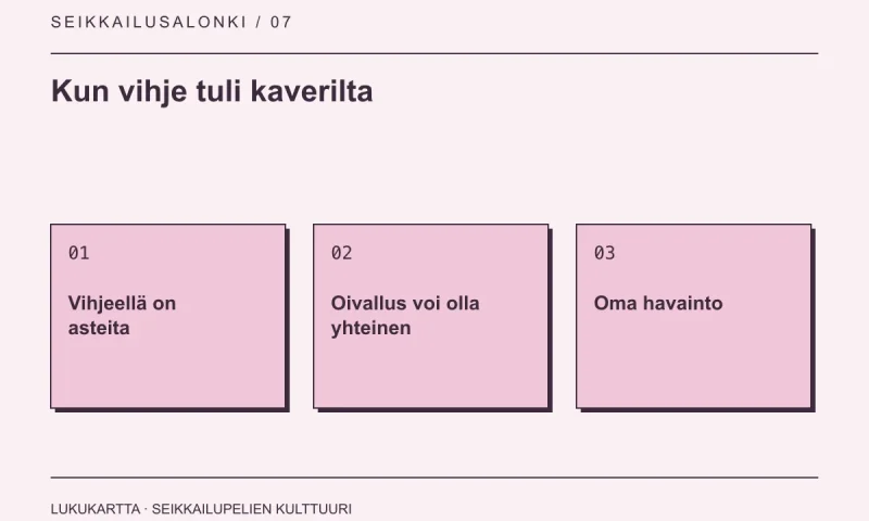 Lukukartta: Kun vihje tuli kaverilta. Vihjeellä on asteita, Oivallus voi olla yhteinen, Oma havainto.