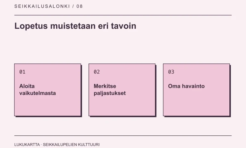 Lukukartta: Lopetus muistetaan eri tavoin. Aloita vaikutelmasta, Merkitse paljastukset, Oma havainto.