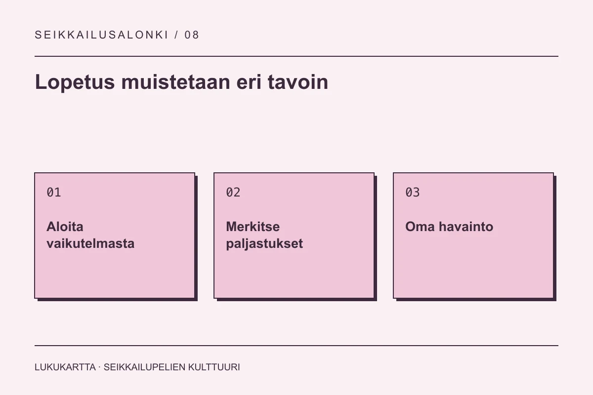 Lukukartta: Lopetus muistetaan eri tavoin. Aloita vaikutelmasta, Merkitse paljastukset, Oma havainto.